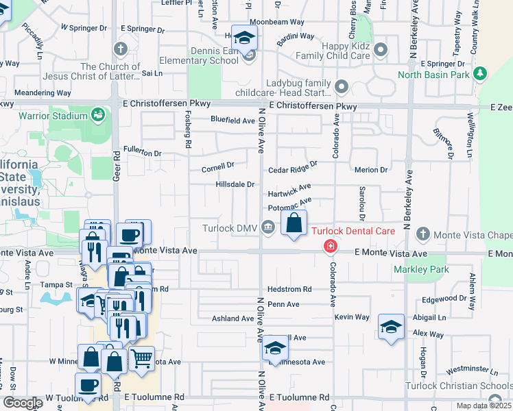 map of restaurants, bars, coffee shops, grocery stores, and more near 3401 North Olive Avenue in Turlock