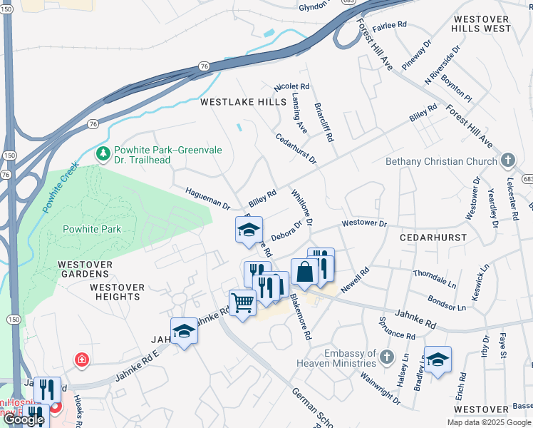 map of restaurants, bars, coffee shops, grocery stores, and more near 6342 Bergen Drive in Richmond
