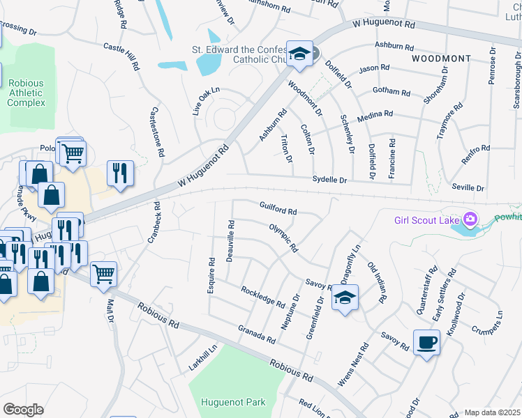 map of restaurants, bars, coffee shops, grocery stores, and more near 11137 Guilford Road in Richmond