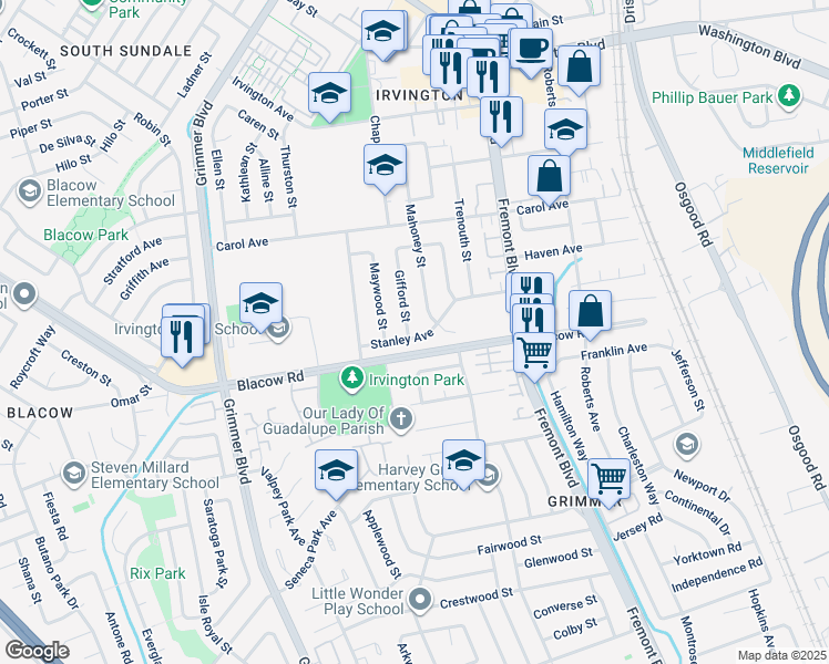 map of restaurants, bars, coffee shops, grocery stores, and more near 41882 Gifford Street in Fremont