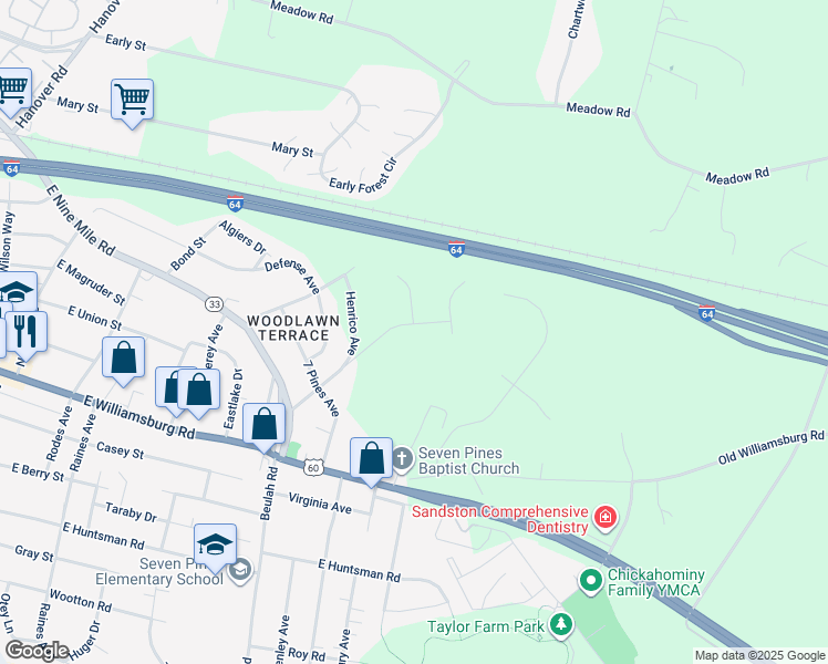 map of restaurants, bars, coffee shops, grocery stores, and more near 812 Howard Street in Sandston