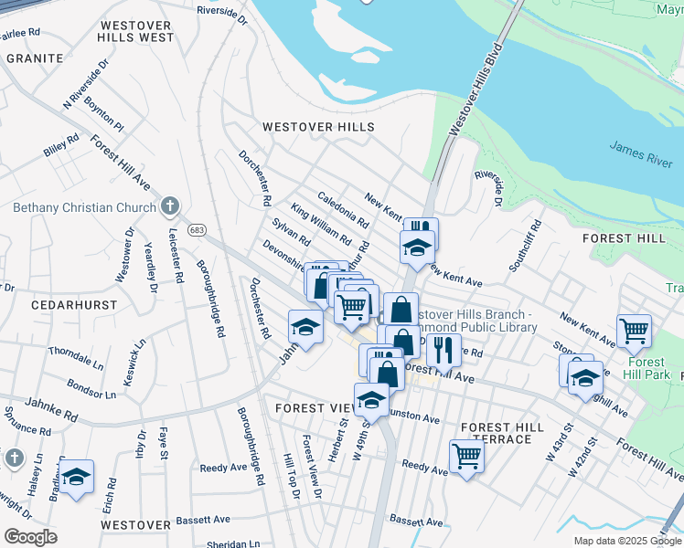 map of restaurants, bars, coffee shops, grocery stores, and more near 5100 Sylvan Rd in Richmond