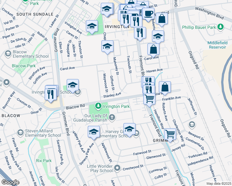 map of restaurants, bars, coffee shops, grocery stores, and more near 41882 Gifford Street in Fremont