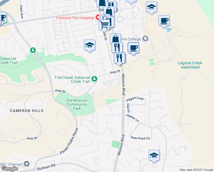 map of restaurants, bars, coffee shops, grocery stores, and more near 250 Lurene Drive in Fremont