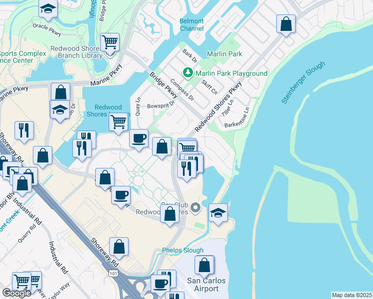 map of restaurants, bars, coffee shops, grocery stores, and more near 2402 Hastings Shore Lane in Redwood City