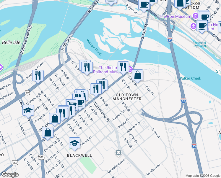 map of restaurants, bars, coffee shops, grocery stores, and more near 512 Hull Street in Richmond