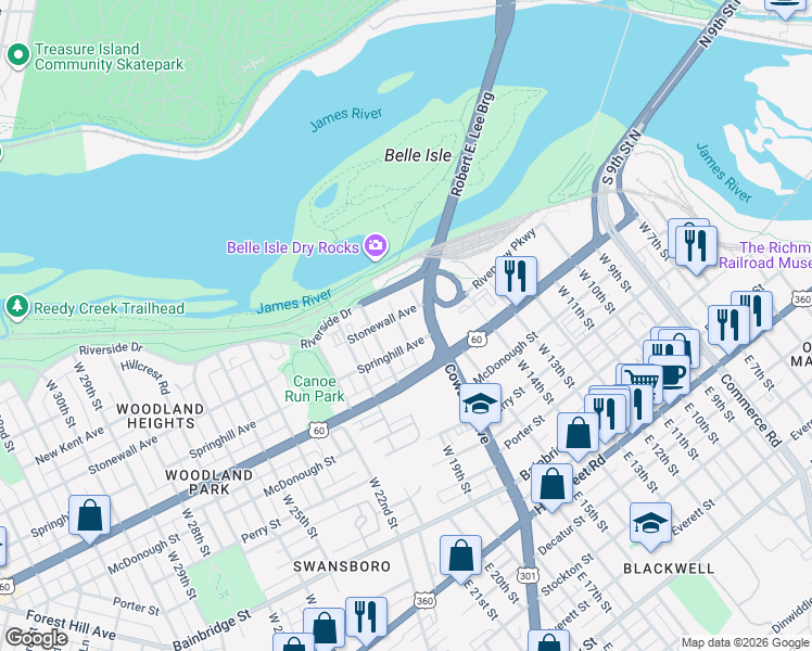 map of restaurants, bars, coffee shops, grocery stores, and more near 610 West 19th Street in Richmond