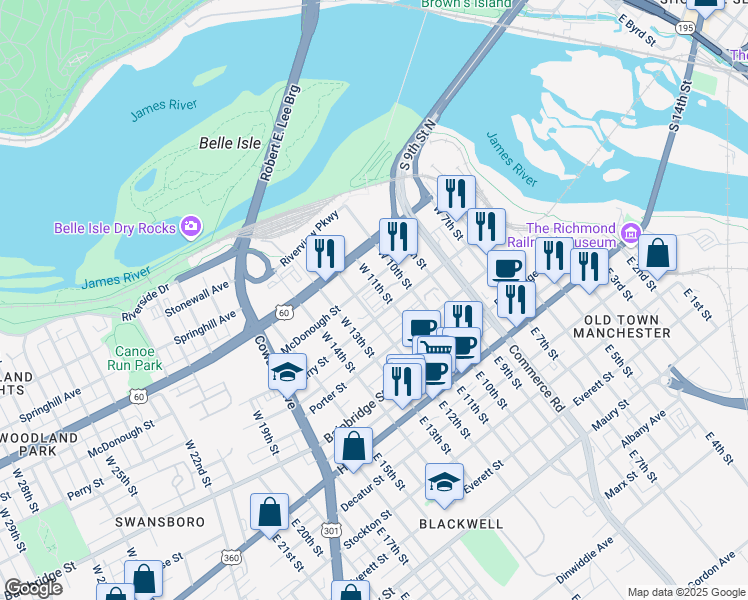 map of restaurants, bars, coffee shops, grocery stores, and more near 1100 McDonough Street in Richmond