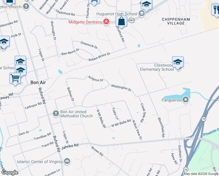 map of restaurants, bars, coffee shops, grocery stores, and more near 8041 Whittington Drive in Richmond