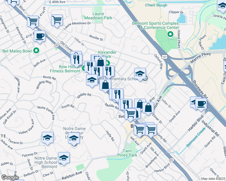 map of restaurants, bars, coffee shops, grocery stores, and more near 748 Old County Road in Belmont
