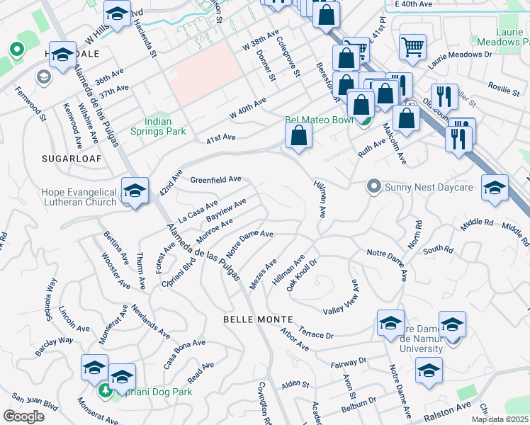 map of restaurants, bars, coffee shops, grocery stores, and more near 1806 Miller Avenue in Belmont