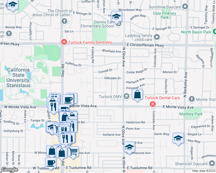 map of restaurants, bars, coffee shops, grocery stores, and more near 3420 Santos Court in Turlock