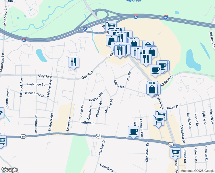 map of restaurants, bars, coffee shops, grocery stores, and more near 4705 Mulford Road in Richmond