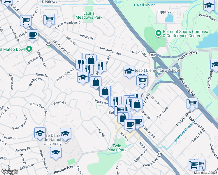map of restaurants, bars, coffee shops, grocery stores, and more near 649 Old County Road in Belmont