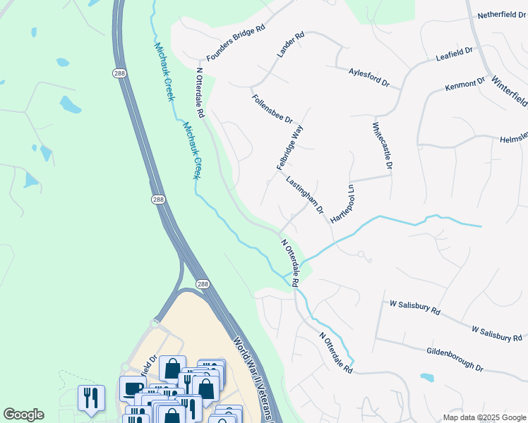 map of restaurants, bars, coffee shops, grocery stores, and more near 14837 Felbridge Way in Midlothian