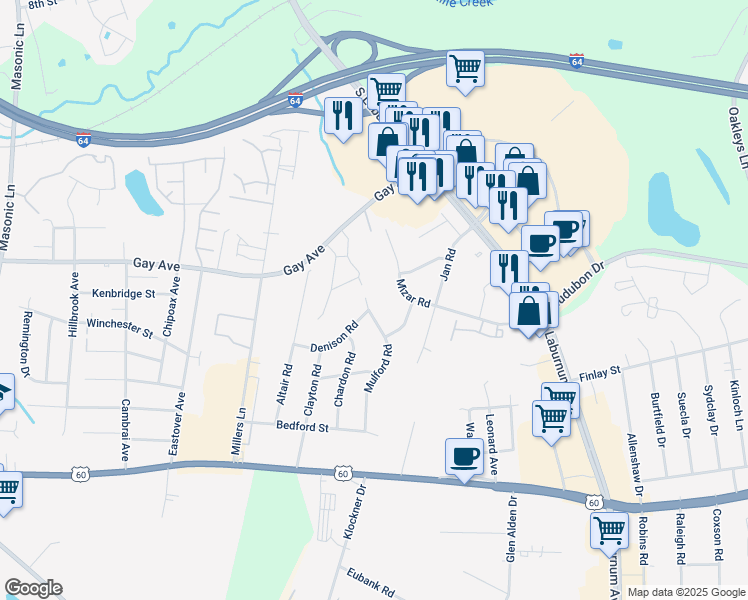 map of restaurants, bars, coffee shops, grocery stores, and more near 4705 Mulford Road in Richmond