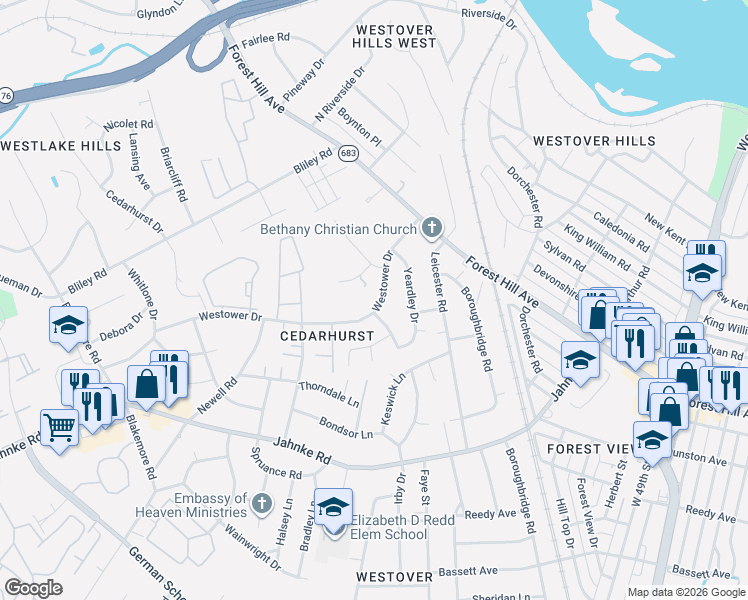 map of restaurants, bars, coffee shops, grocery stores, and more near 5584 Westower Drive in Richmond