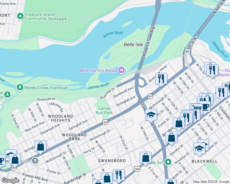 map of restaurants, bars, coffee shops, grocery stores, and more near 2000 Riverside Drive in Richmond