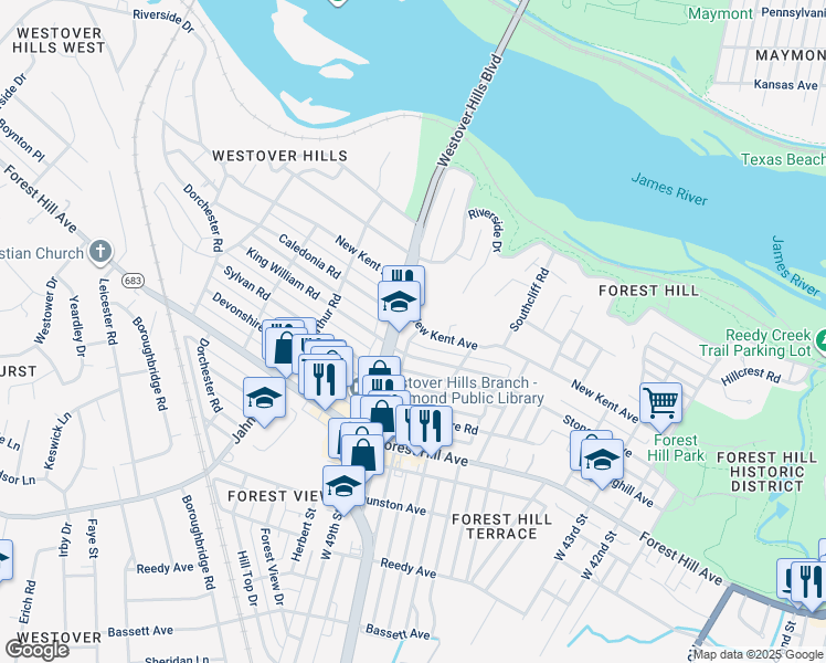 map of restaurants, bars, coffee shops, grocery stores, and more near 4920 New Kent Road in Richmond