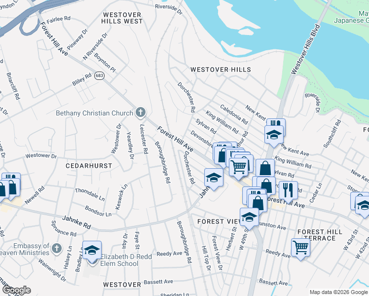 map of restaurants, bars, coffee shops, grocery stores, and more near 5202 Forest Hill Avenue in Richmond