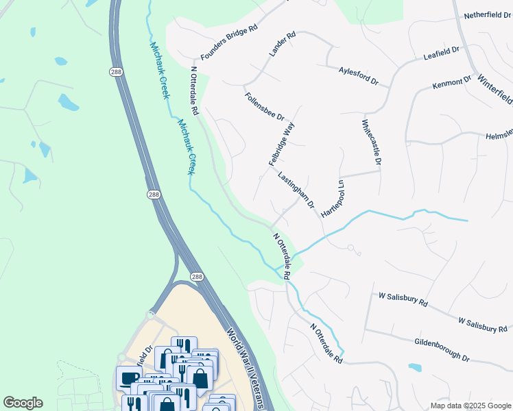map of restaurants, bars, coffee shops, grocery stores, and more near 14837 Felbridge Way in Midlothian