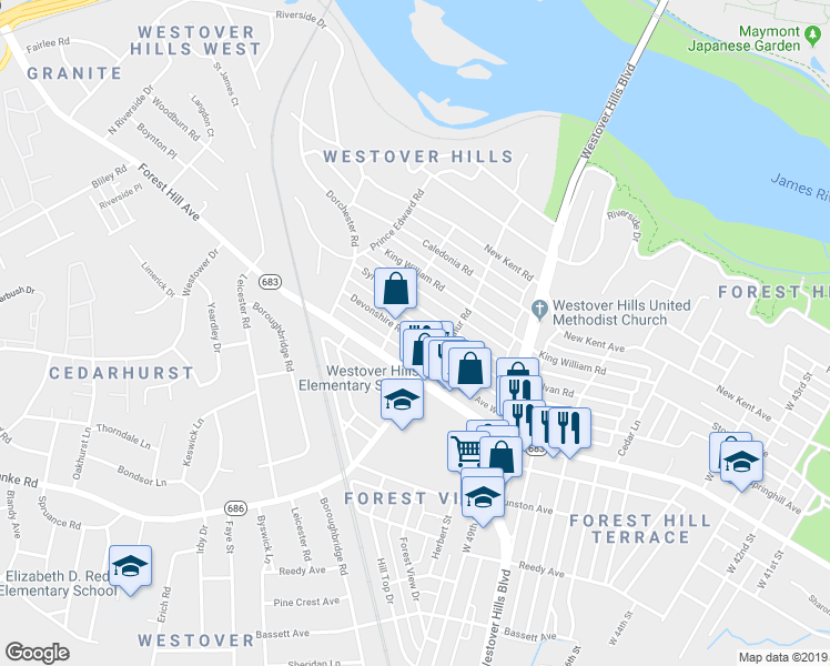 map of restaurants, bars, coffee shops, grocery stores, and more near 5113 Devonshire Road in Richmond
