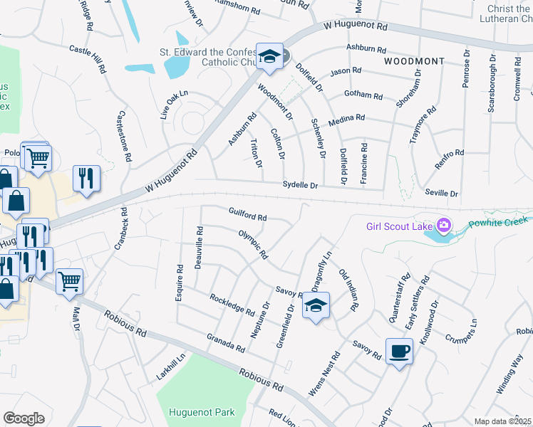 map of restaurants, bars, coffee shops, grocery stores, and more near 11040 Guilford Road in Richmond