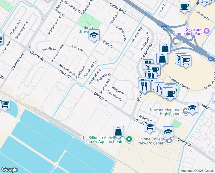 map of restaurants, bars, coffee shops, grocery stores, and more near 38787 Jonquil Drive in Newark