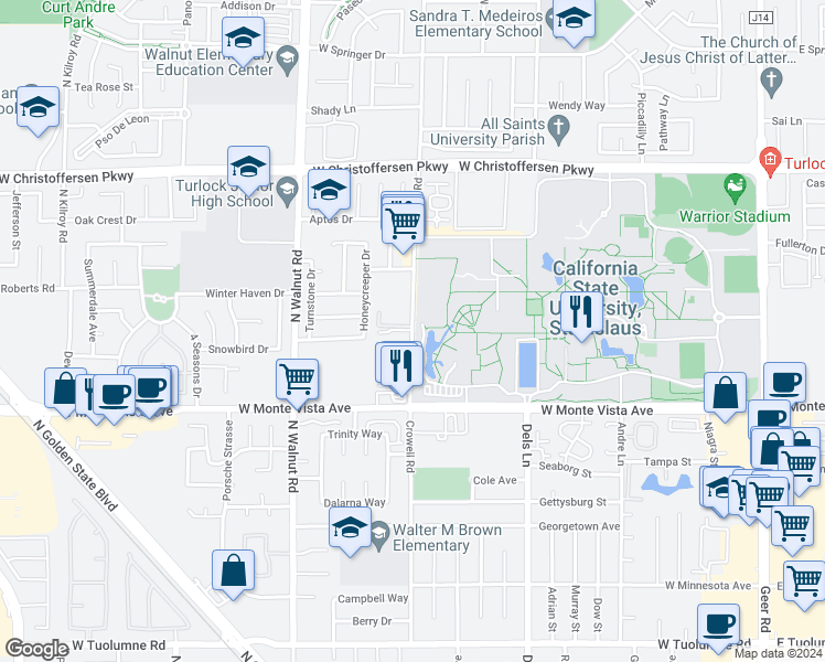 map of restaurants, bars, coffee shops, grocery stores, and more near 3629 Crowell Road in Turlock