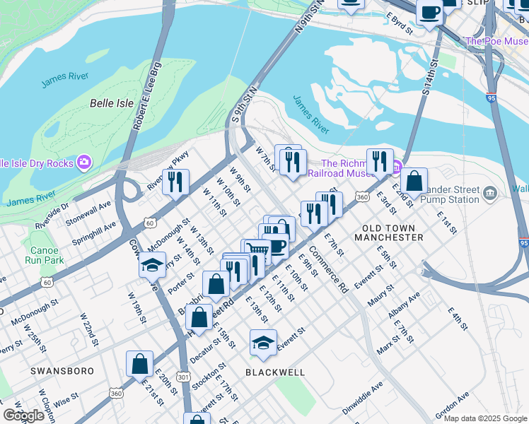 map of restaurants, bars, coffee shops, grocery stores, and more near 901 Porter Street in Richmond