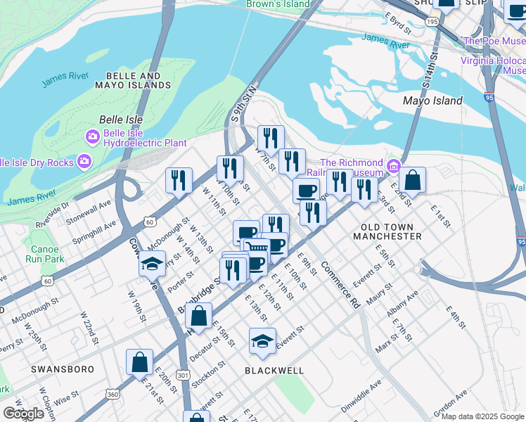 map of restaurants, bars, coffee shops, grocery stores, and more near 901 Porter Street in Richmond