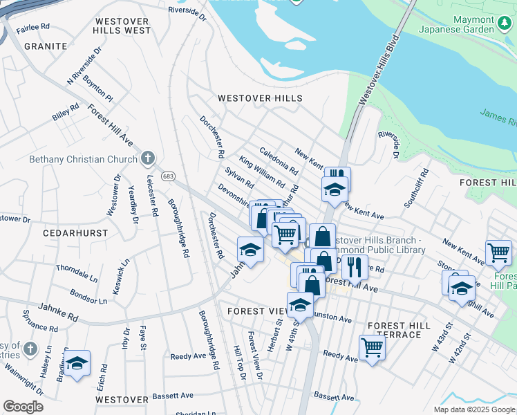 map of restaurants, bars, coffee shops, grocery stores, and more near 5113 Devonshire Road in Richmond