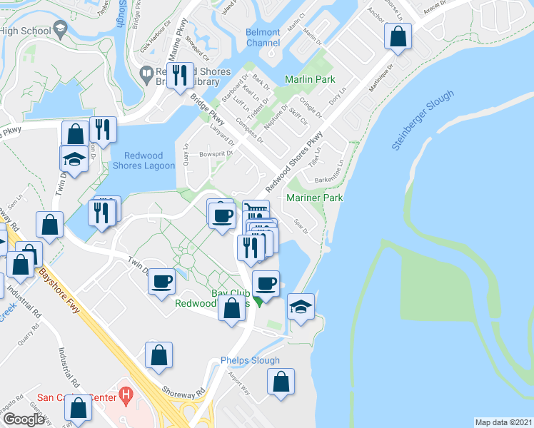 map of restaurants, bars, coffee shops, grocery stores, and more near 2402 Hastings Shore Lane in Redwood City
