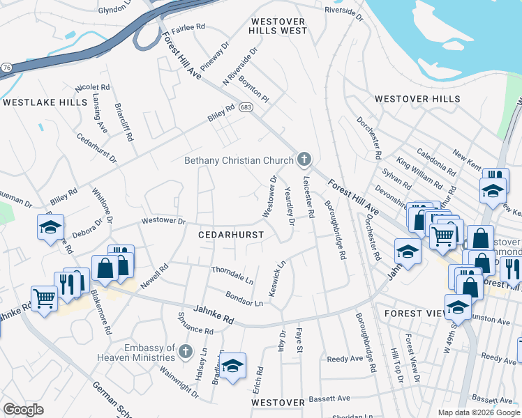 map of restaurants, bars, coffee shops, grocery stores, and more near 5584 Westower Drive in Richmond