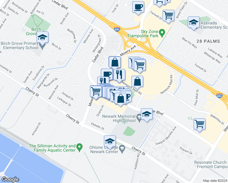 map of restaurants, bars, coffee shops, grocery stores, and more near 39150 Cedar Boulevard in Newark