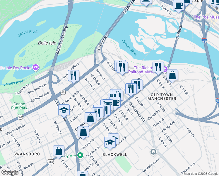 map of restaurants, bars, coffee shops, grocery stores, and more near 124 West 9th Street in Richmond