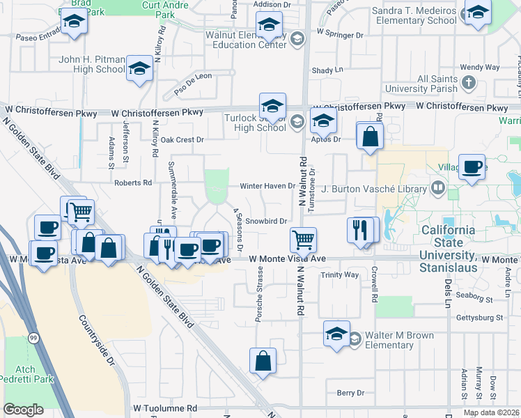 map of restaurants, bars, coffee shops, grocery stores, and more near 3514 Whistler Court in Turlock