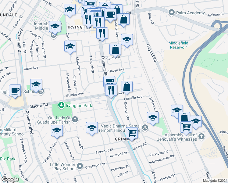 map of restaurants, bars, coffee shops, grocery stores, and more near 42235 Blacow Road in Fremont