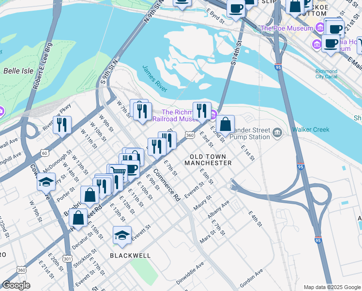 map of restaurants, bars, coffee shops, grocery stores, and more near 512 Hull Street in Richmond