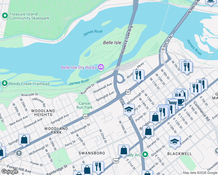 map of restaurants, bars, coffee shops, grocery stores, and more near 610 West 19th Street in Richmond