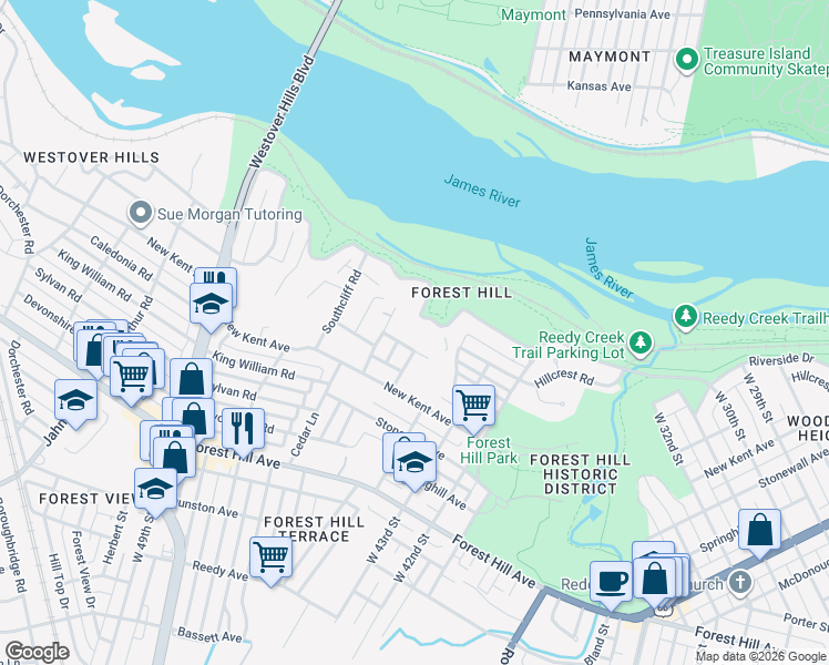 map of restaurants, bars, coffee shops, grocery stores, and more near 4503 Archer Avenue in Richmond