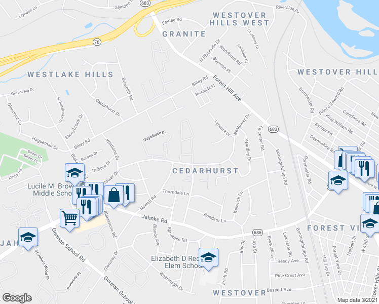 map of restaurants, bars, coffee shops, grocery stores, and more near 5854 Westower Drive in Richmond