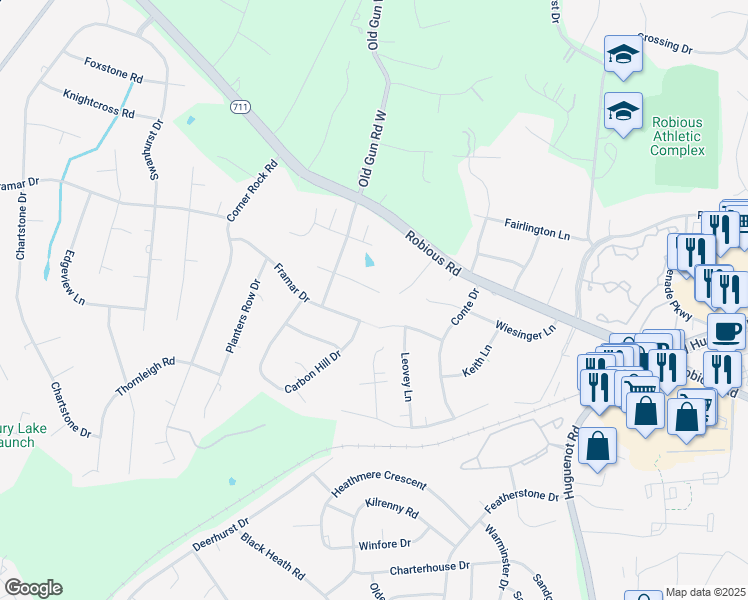 map of restaurants, bars, coffee shops, grocery stores, and more near 12111 Wiesinger Lane in Midlothian