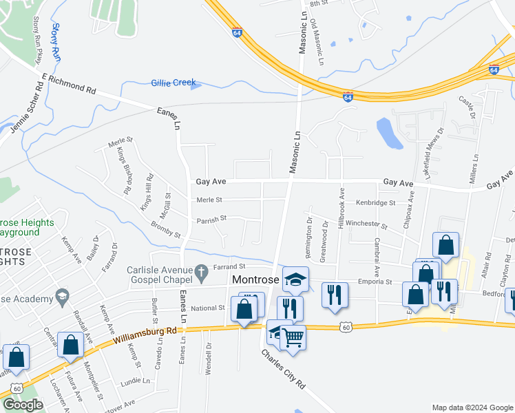 map of restaurants, bars, coffee shops, grocery stores, and more near 4602 Craddock Avenue in Richmond