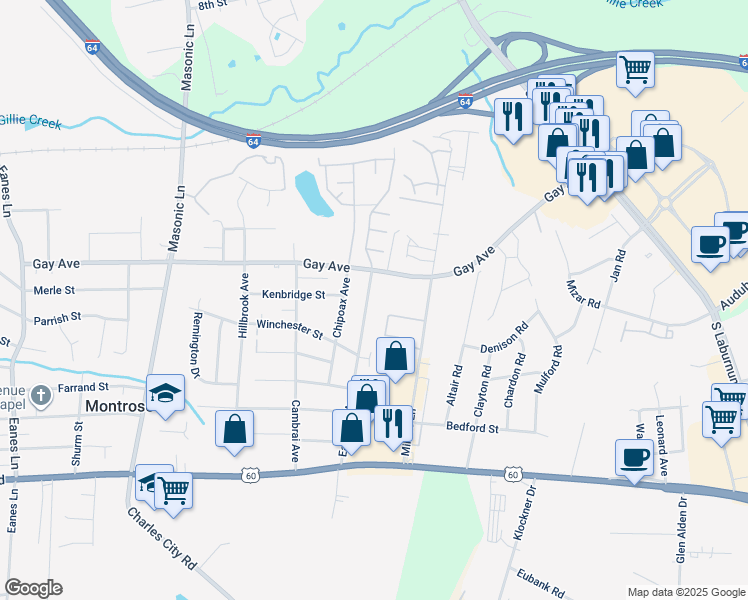 map of restaurants, bars, coffee shops, grocery stores, and more near 4509 Eastover Avenue in Richmond