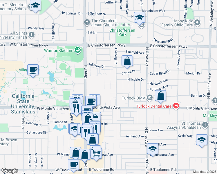 map of restaurants, bars, coffee shops, grocery stores, and more near 3461 Rochester Court in Turlock