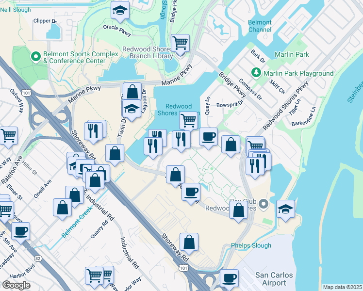 map of restaurants, bars, coffee shops, grocery stores, and more near 255 Shoreline Drive in Redwood City