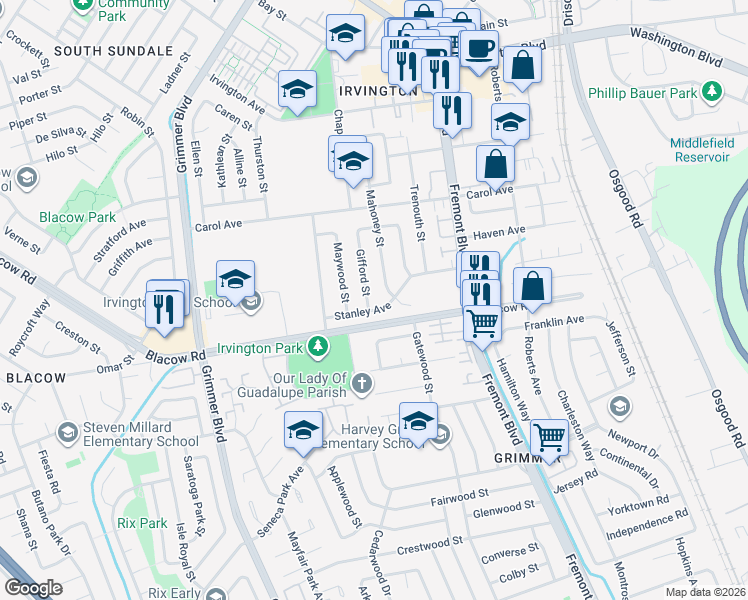 map of restaurants, bars, coffee shops, grocery stores, and more near 41883 Gifford Street in Fremont