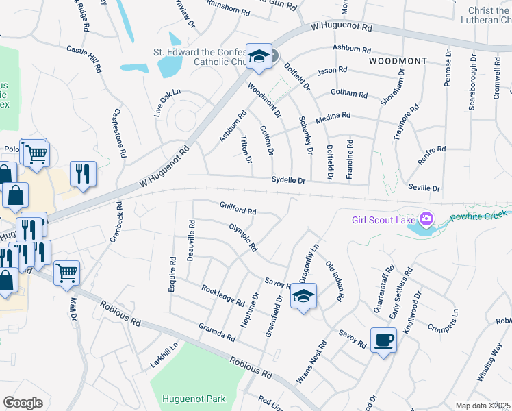 map of restaurants, bars, coffee shops, grocery stores, and more near 11040 Guilford Road in Richmond