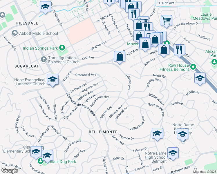 map of restaurants, bars, coffee shops, grocery stores, and more near 1805 Miller Avenue in Belmont